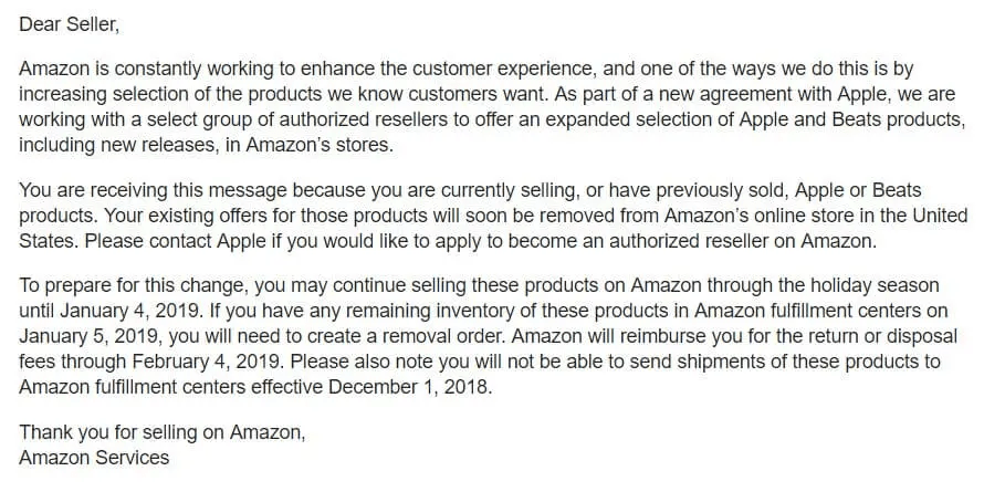 Die E-Mail von Amazon an Verkäufer von Apple-Produkten