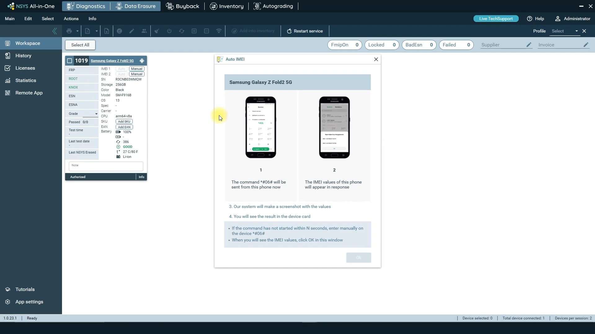 IMEI retrieved from the device screen